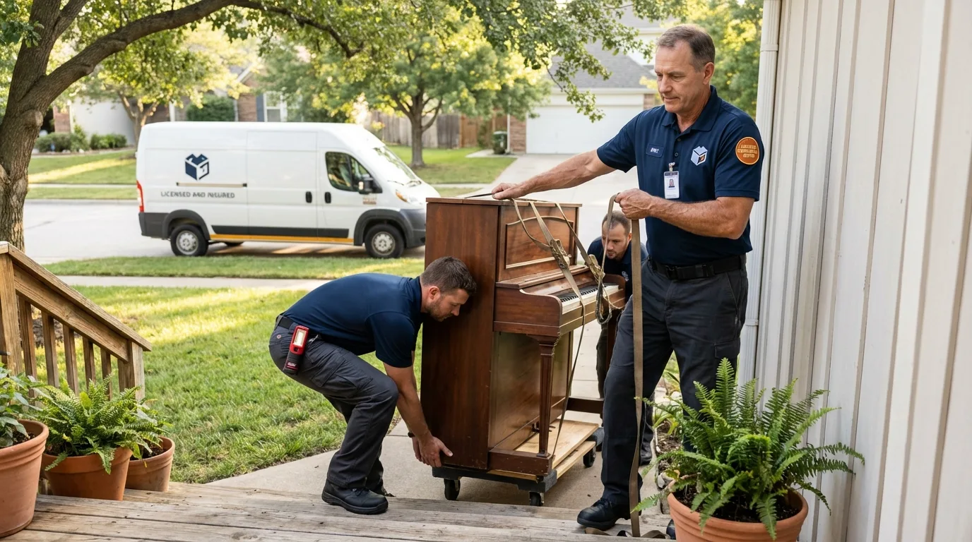 Licensed piano movers securing grand piano in Lomira, WI