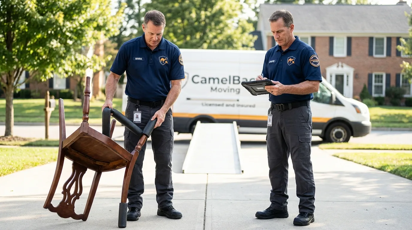 Movers inspecting furniture for damage prevention before loading in Lomira, WI