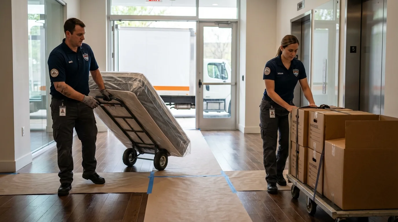Professional apartment movers loading elevator in Lomira, WI